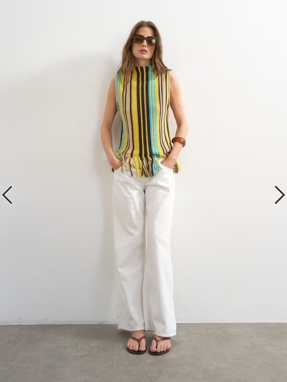 Topshop knit striped fringe hem top in yellow and brown